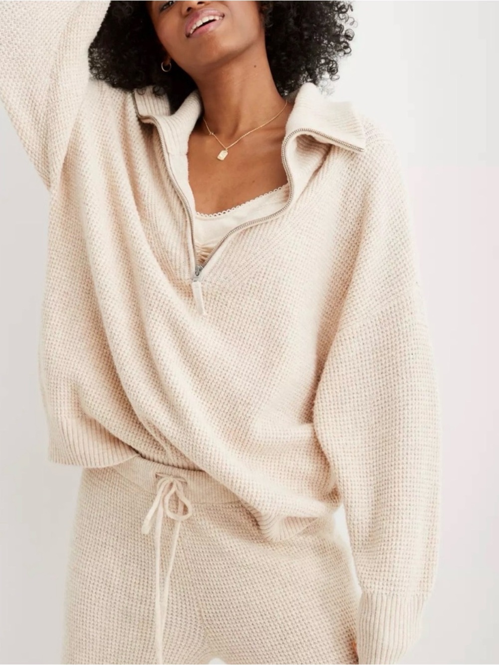 Aerie CozyUp Waffle Quarter Zip Sweater Oversized Cozy Heather Fawn Women’s XS